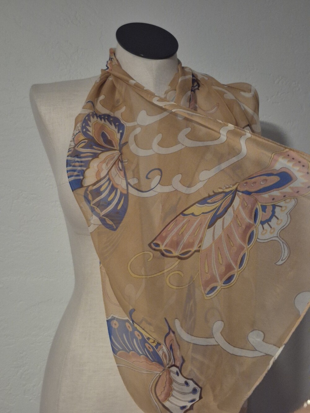 Silk-Feel Beige Butterfly Print Scarf
